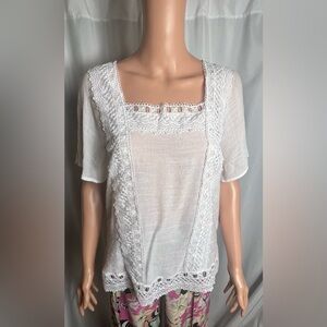 Zac & Rachel White Size M Linen Crochet Lace Bohemian 3/4 Sleeve Blouse